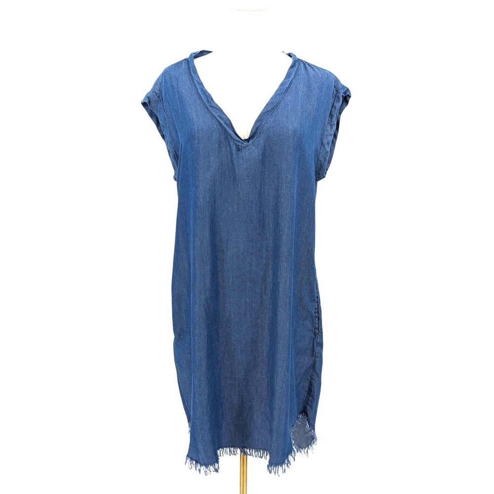 Renee‎ C Lyocell Denim Shift Dress Frayed Hem V Neck Size M Fringe Boho Westerm